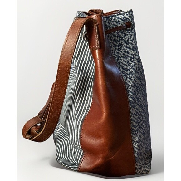 J. Jill Leather Fabric Bucket Large Tote Bag Boho Bag Brown Blue White - Picture 5 of 12